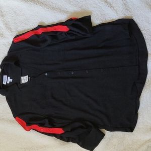 Black button down with red striped sleeves